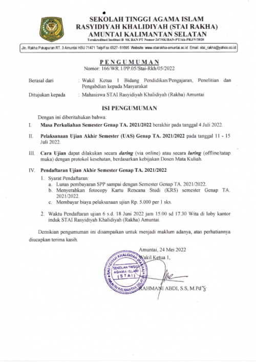 Pengumuman Ujian Akhir Semester (UAS) Genap TA. 2021/2022